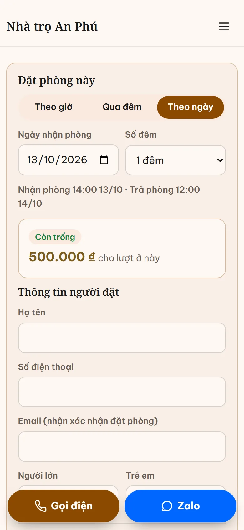 Trang một phòng homestay trên điện thoại với khung Đặt phòng này: chọn kiểu ở, ngày giờ nhận phòng và giá cho lượt ở