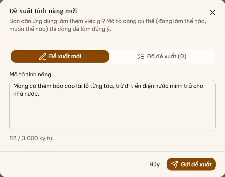 Hộp Đề xuất tính năng mới với ô mô tả và nút Gửi đề xuất