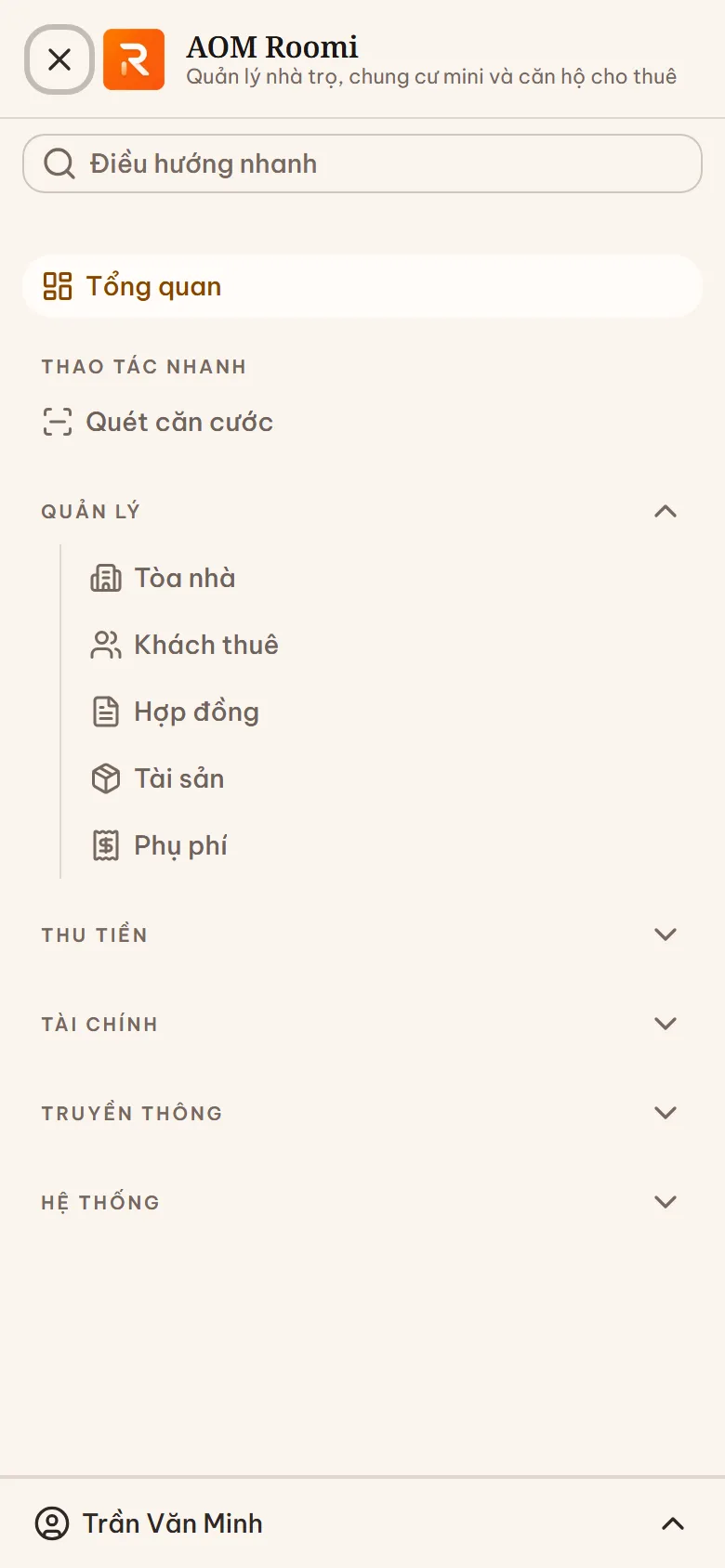 Ngăn menu mở từ ô Thêm trên điện thoại, liệt kê đủ các nhóm Quản lý, Thu tiền, Tài chính