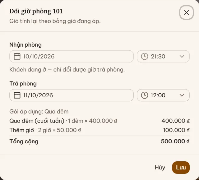 Hộp Đổi giờ phòng với ô Nhận phòng, Trả phòng và các dòng giá tính lại theo bảng giá