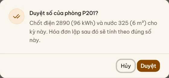 Hộp xác nhận Duyệt số của phòng với chỉ số điện và nước khách gửi