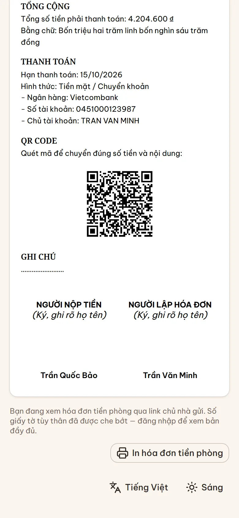 Tờ hóa đơn khách mở qua link trên điện thoại, có bảng tiền và mã VietQR để quét chuyển khoản