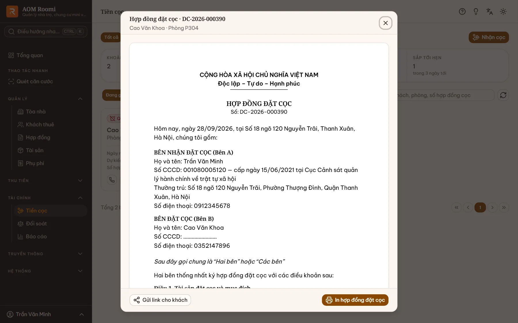 Hộp xem Hợp đồng đặt cọc với tờ hợp đồng có Bên nhận đặt cọc, Bên đặt cọc, số tiền và các nút Gửi link cho khách, In hợp đồng đặt cọc
