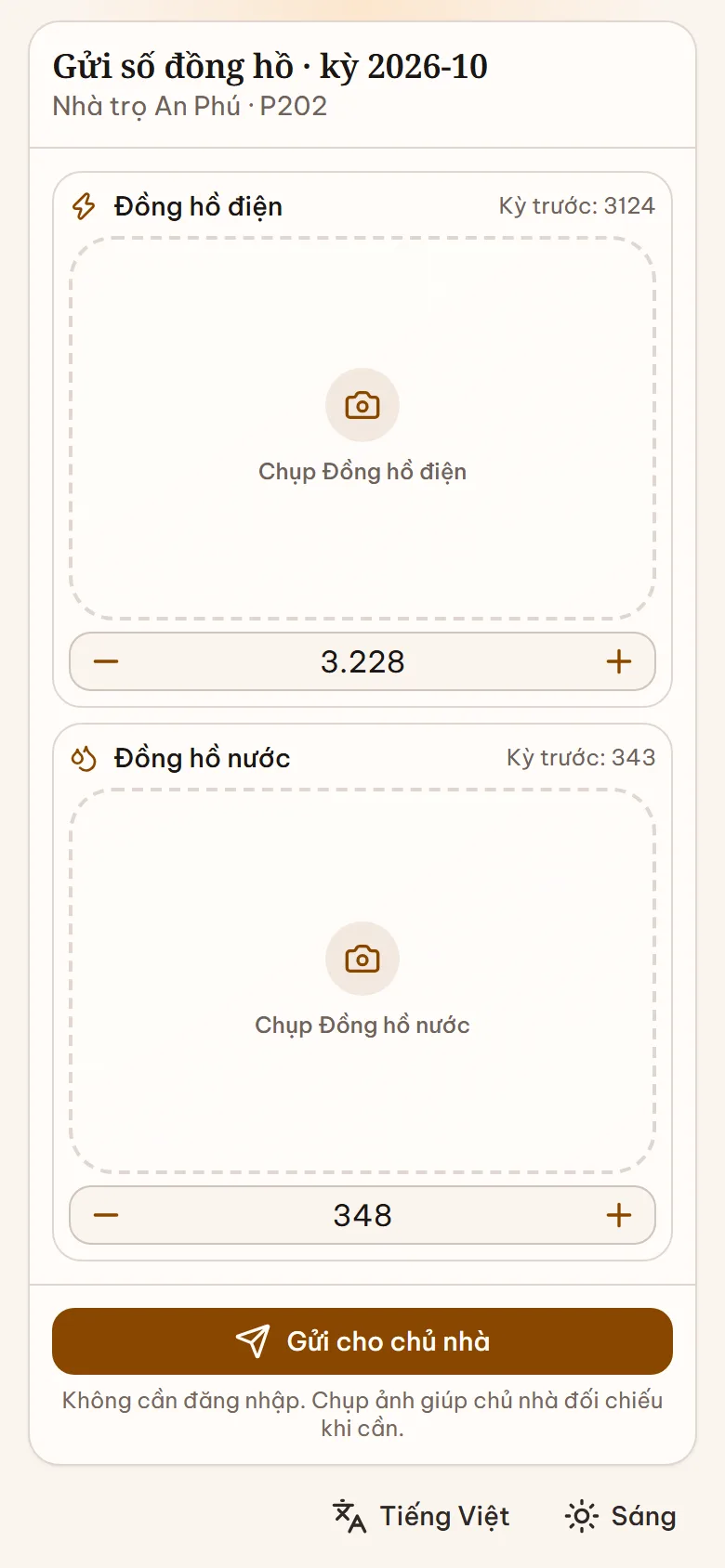 Trang gửi số đồng hồ trên điện thoại của khách: khung Đồng hồ điện và Đồng hồ nước có chỉ số kỳ trước và nút Gửi cho chủ nhà