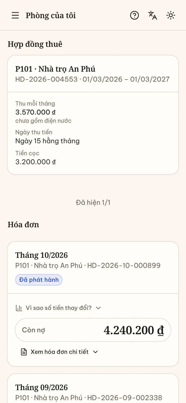 Màn Phòng của tôi trên điện thoại: thẻ hợp đồng thuê với tiền thu mỗi tháng, ngày thu tiền, tiền cọc và thẻ hóa đơn tháng có số còn nợ