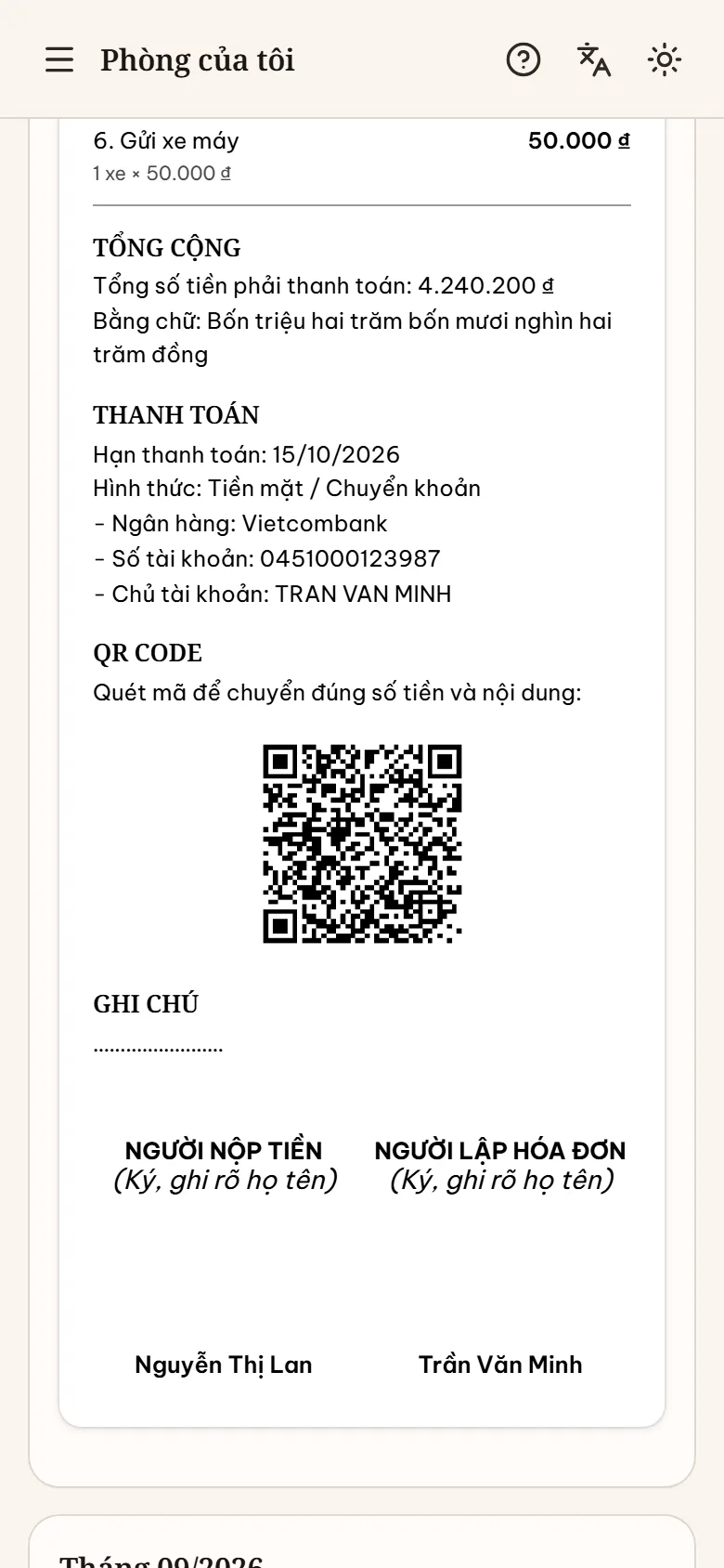 Tờ hóa đơn chi tiết trong Phòng của tôi với tổng cộng, hạn thanh toán, ngân hàng, số tài khoản và mã QR chuyển khoản