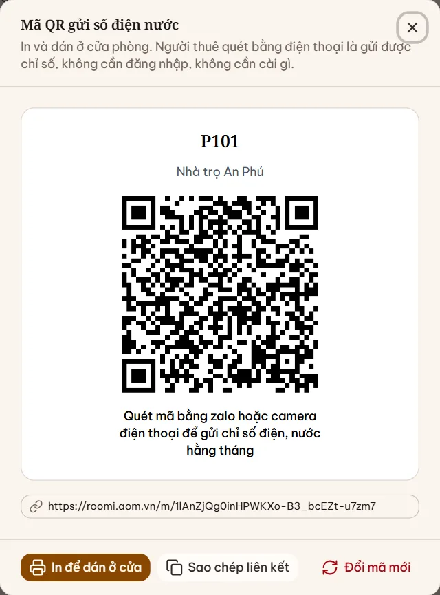 Hộp Mã QR gửi số điện nước của một phòng với mã QR, đường link và các nút In để dán ở cửa, Sao chép liên kết, Đổi mã mới