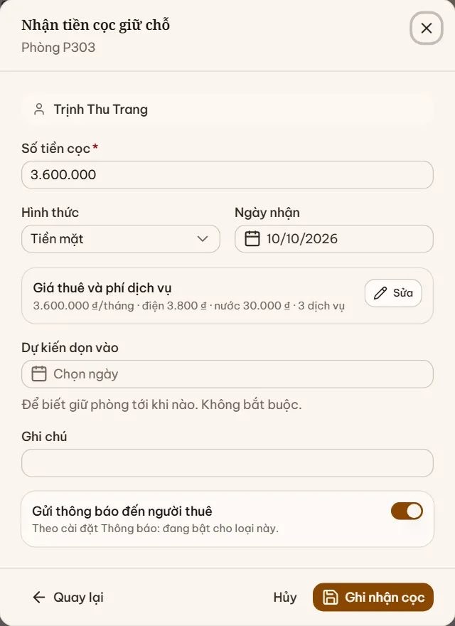 Hộp Nhận tiền cọc giữ chỗ với số tiền cọc, phương thức thanh toán, ngày nhận, giá thuê và phí dịch vụ, ngày dự kiến dọn vào