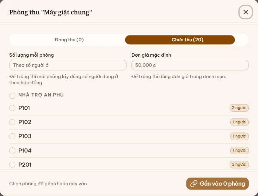 Hộp Phòng thu phụ phí với tab Chưa thu, các phòng chia theo tòa, nút Chọn cả tòa và nút Gắn vào các phòng