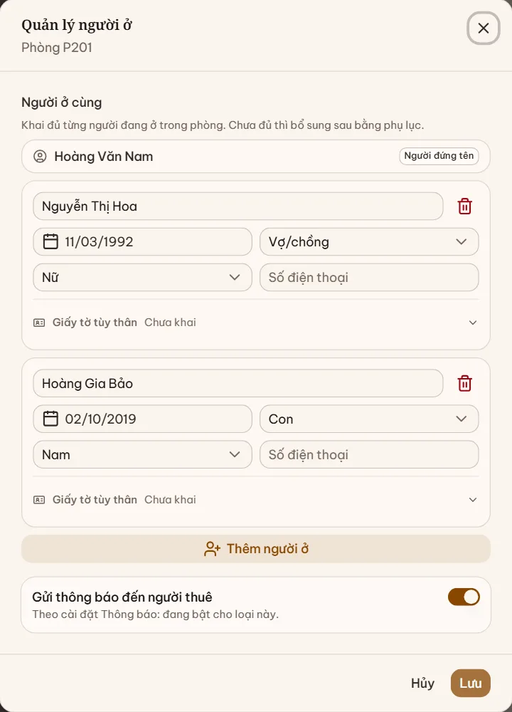 Hộp Quản lý người ở với người đứng tên và từng người ở cùng: họ tên, ngày sinh, quan hệ, giới tính, số điện thoại