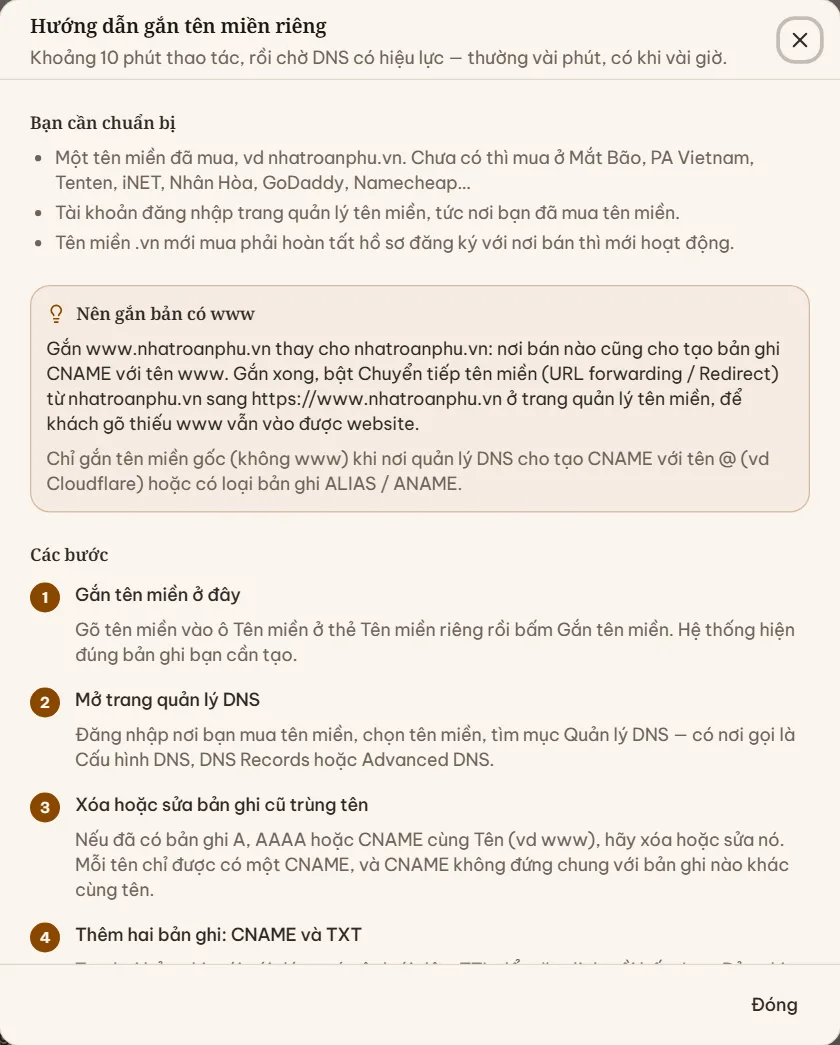Hộp Hướng dẫn gắn tên miền riêng với các bước trỏ DNS theo từng nơi bán tên miền