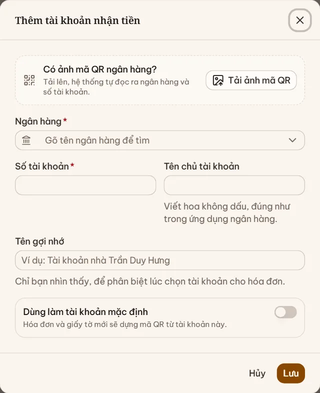Hộp Thêm tài khoản nhận tiền với nút Tải ảnh mã QR, ô Ngân hàng, Số tài khoản, Tên chủ tài khoản