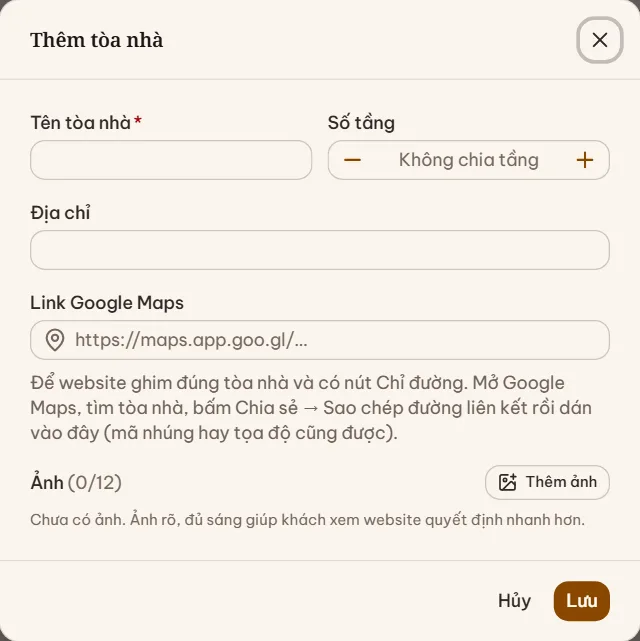 Hộp Thêm tòa nhà với các ô Tên tòa nhà, Số tầng, Địa chỉ, Link Google Maps và Ảnh