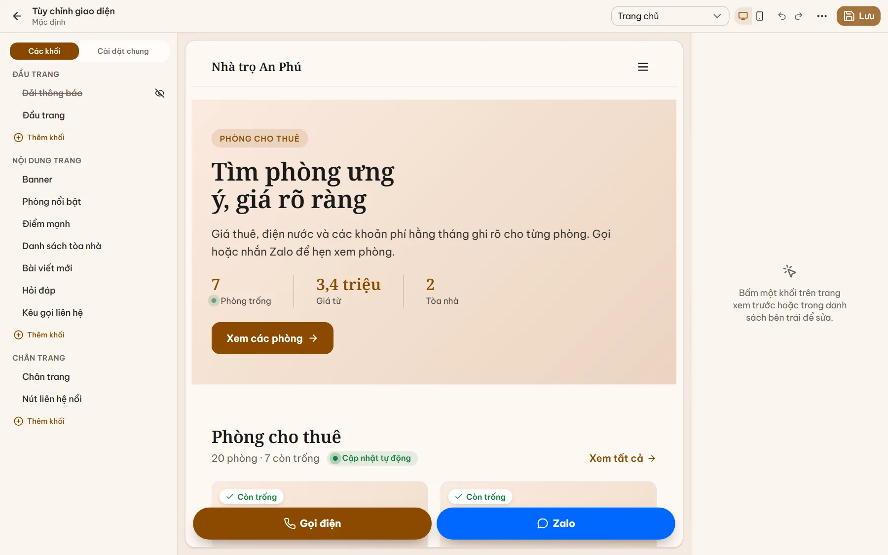 Trình tùy chỉnh giao diện website: cột trái danh sách khối Đầu trang, Nội dung trang, Chân trang; giữa là bản xem trước trang chủ