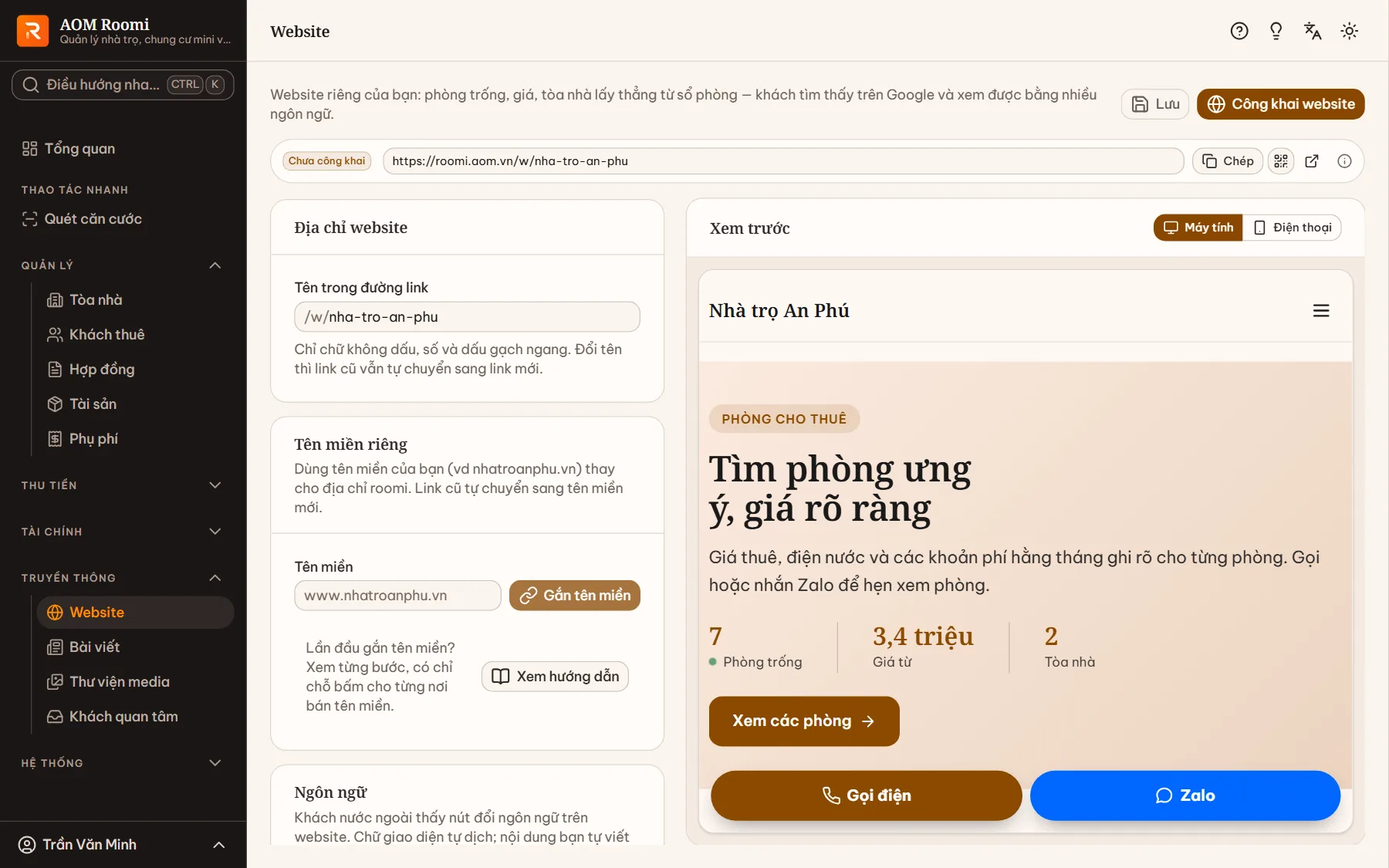 Màn Website với nhãn Chưa công khai, đường link website, thẻ Địa chỉ website, Tên miền riêng và khung xem trước trang chủ website cho thuê