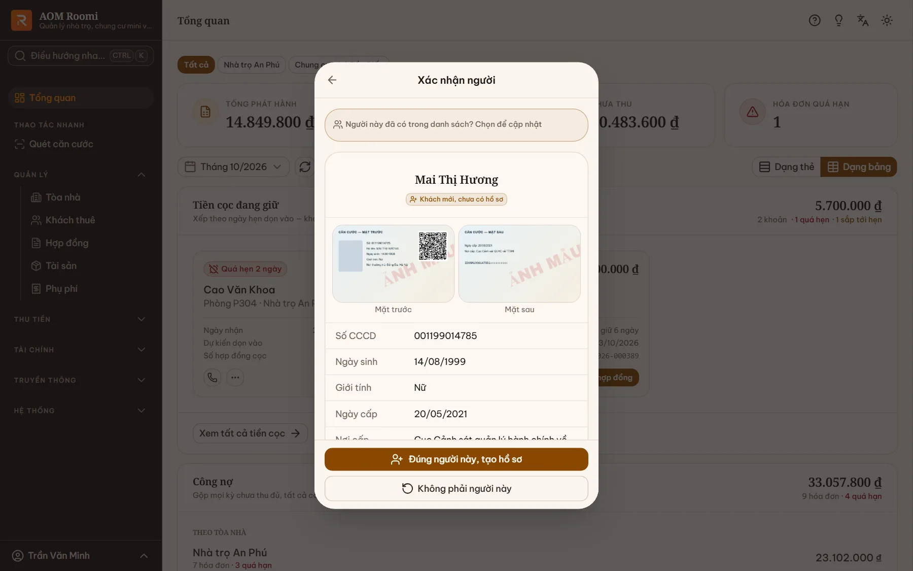 Màn Xác nhận người hiện thông tin đọc từ thẻ: họ tên, số CCCD, ngày sinh, thường trú và các ô số điện thoại, email